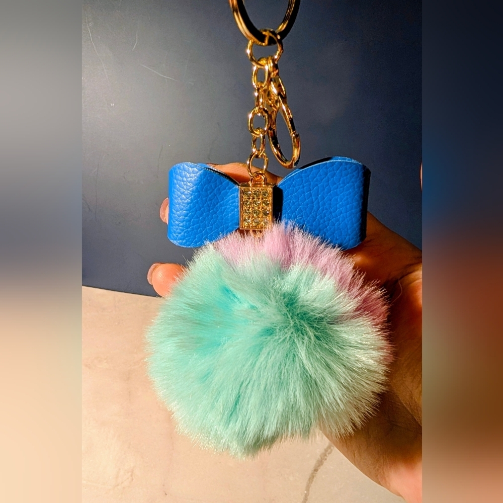 Blue Bow Bag Charm/ Keychain with Fluffy Colored Pom Pom - Picture 3 of 5